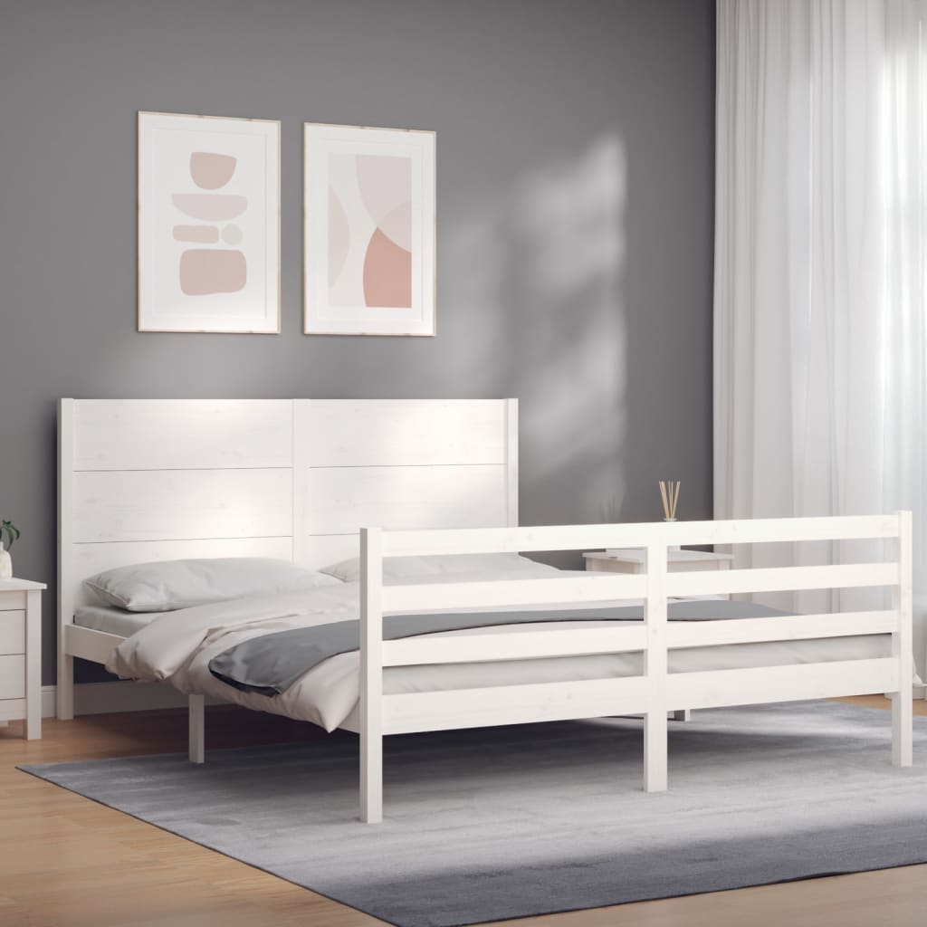 vidaXL Cadru de pat cu tăblie, alb, 160×200 cm, lemn masiv vidaXL imagine 2022