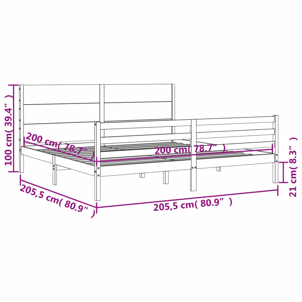 szürke tömör fa ágykeret fejtámlával 200 x 200 cm