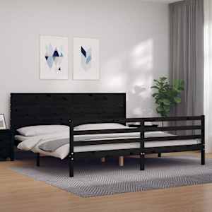 Rám postele s čelem černý 200 x 200 cm masivní dřevo - obrázek 1