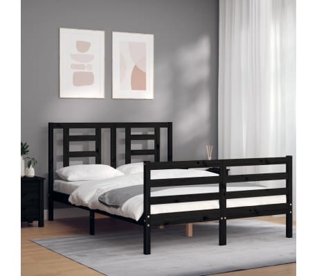 vidaXL Lovos rėmas su galvūgaliu, juodas, 140x190cm, medienos masyvas