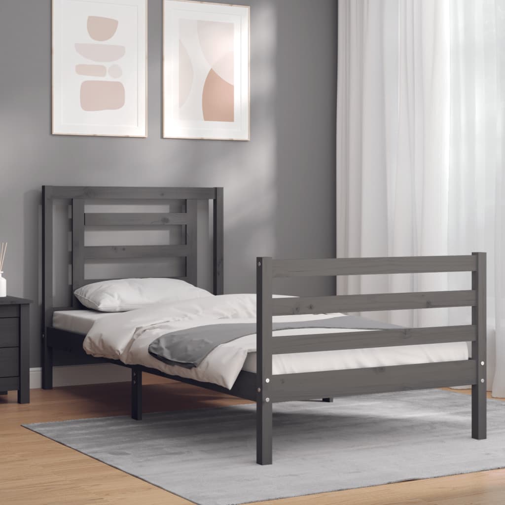 vidaXL Bed Frame with Headboard Grey 90x200 cm Solid Wood