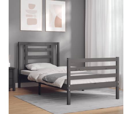 vidaXL Bed Frame with Headboard Grey 90x200 cm Solid Wood