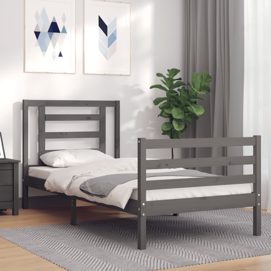 vidaXL Cadru de pat cu tăblie, gri, 90×200 cm, lemn masiv vidaXL imagine 2022