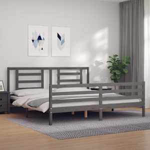 Rám postele s čelem šedý 200 x 200 cm masivní dřevo - obrázek 1