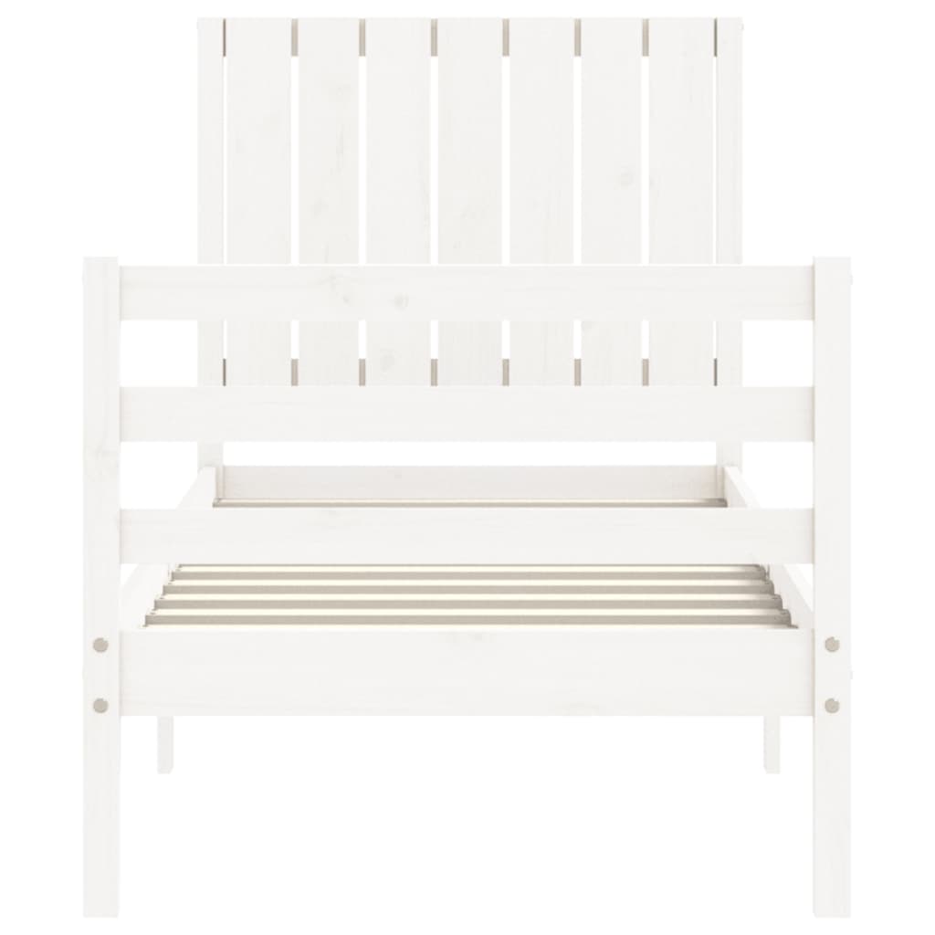 Cadru de pat cu tăblie single mic, alb, lemn masiv