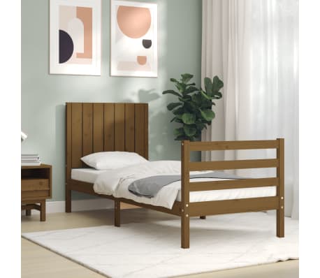 vidaXL Lovos rėmas su galvūgaliu, rudas, mediena, mažas vienvietis