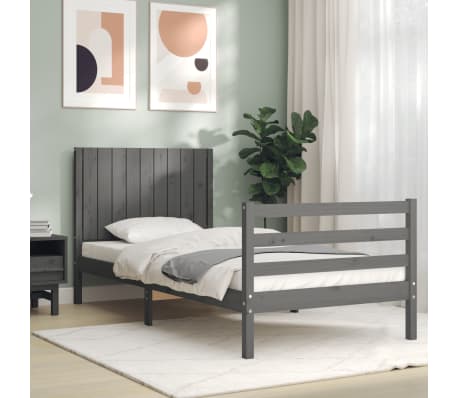 vidaXL Lovos rėmas su galvūgaliu, pilkas, medienos masyvas, vienvietis