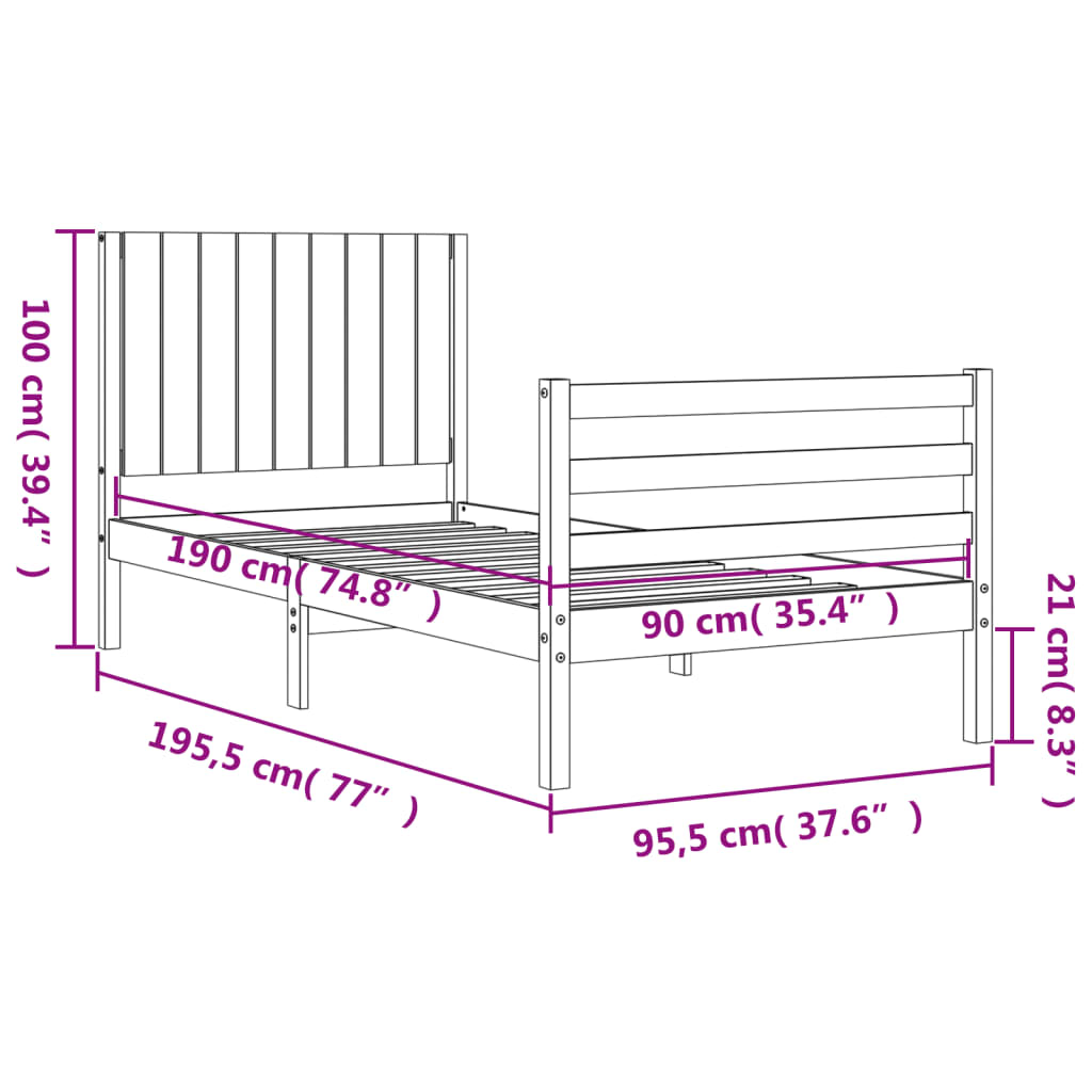Рамка за легло с табла черна 3FT Single масивна дървесина