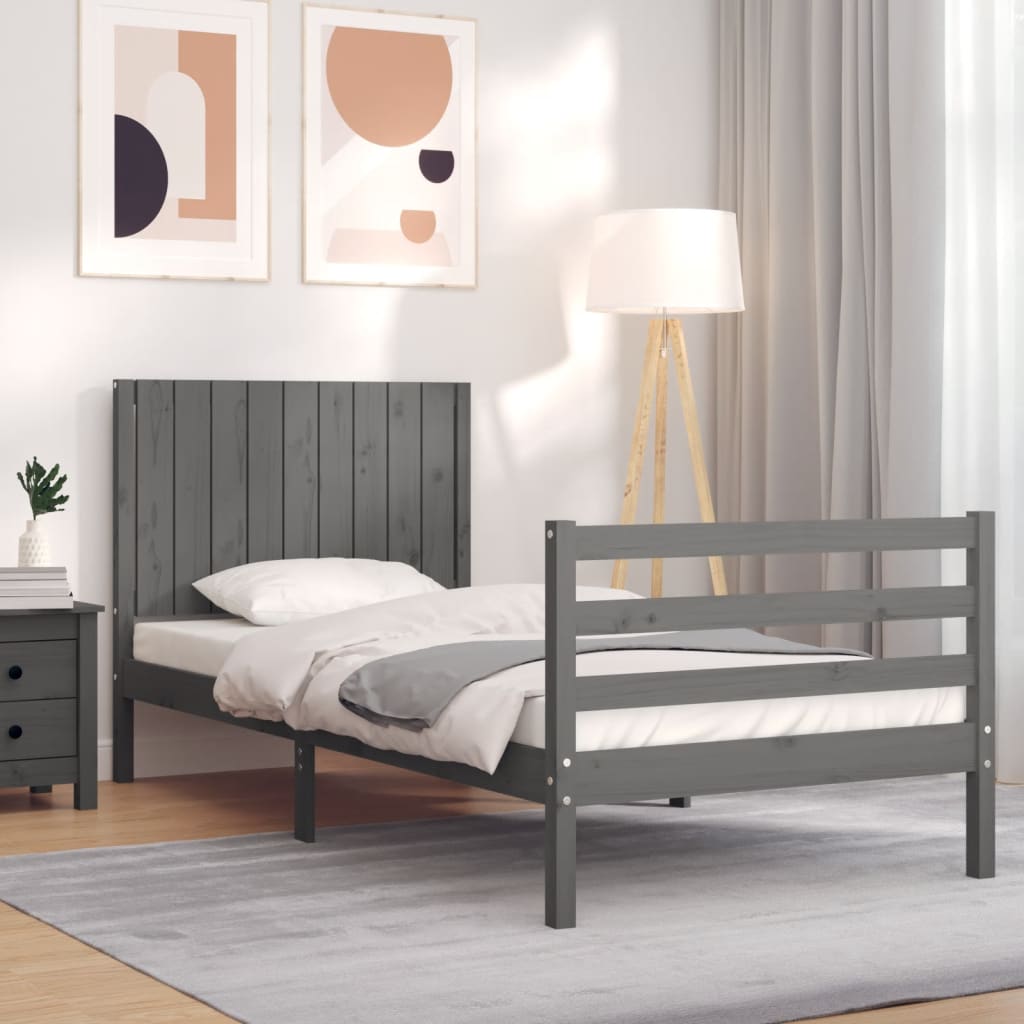 vidaXL Cadru de pat cu tăblie, gri, 90x200 cm, lemn masiv