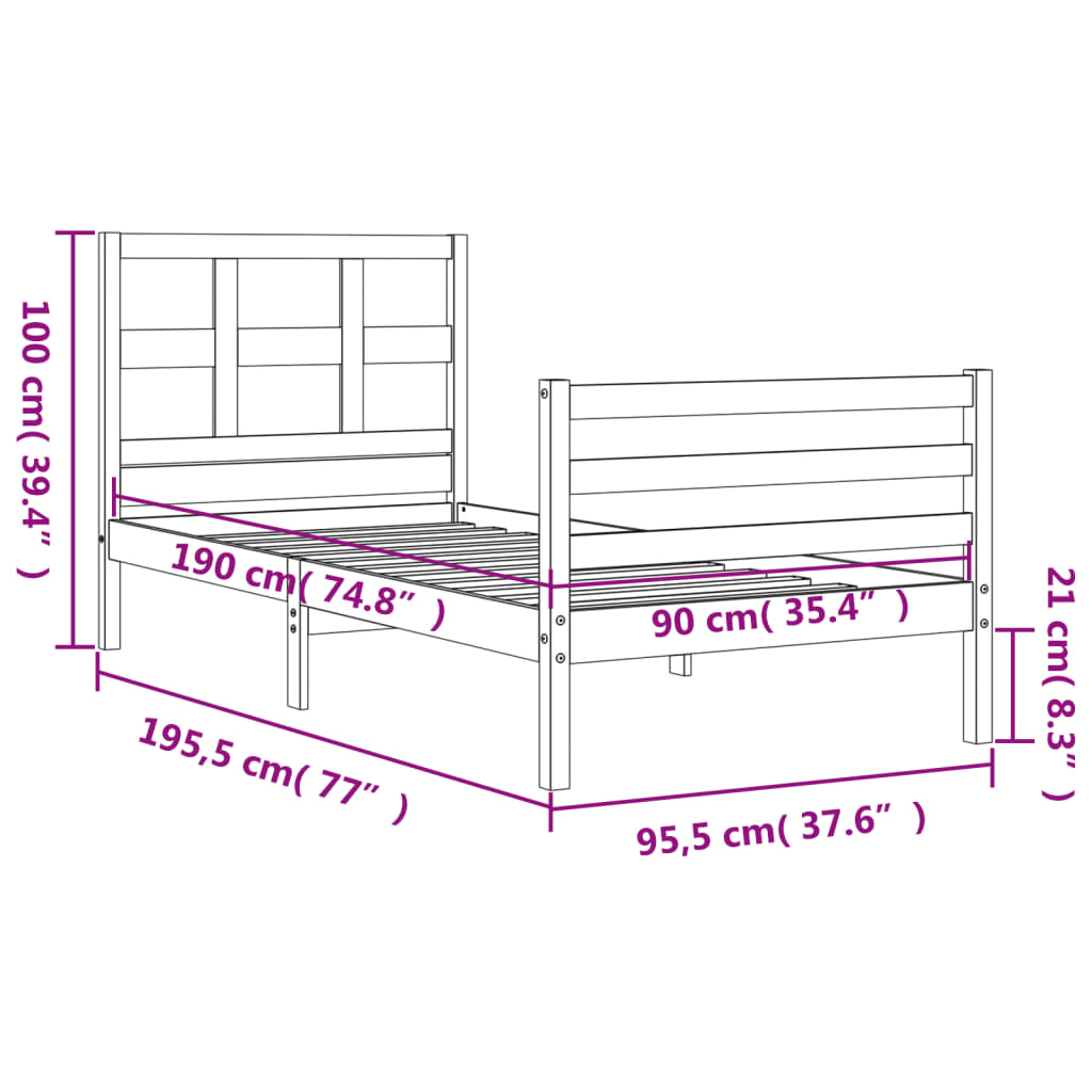 Rama łóżka z wezgłowiem, 3FT, pojedyncza, lite drewno