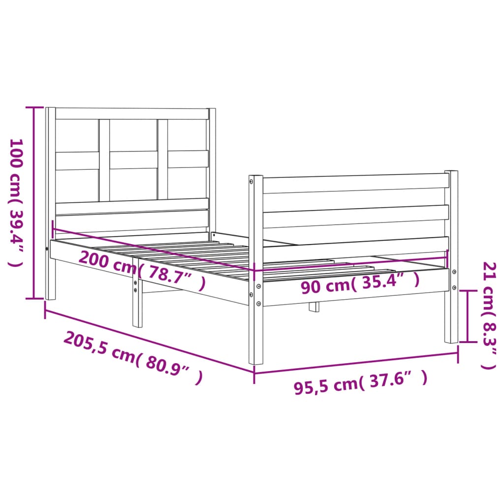 Rám postele s čelem černý 90 x 200 cm masivní dřevo