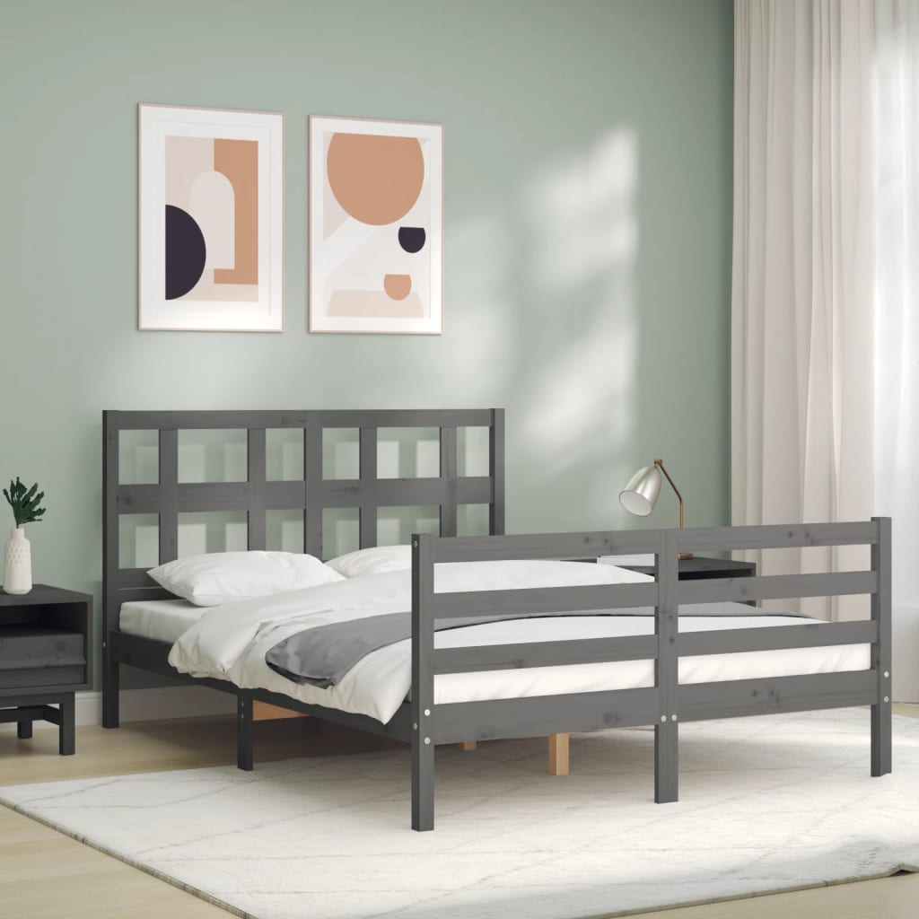 Rama łóżka z wezgłowiem, szara, 120x200 cm, lite drewno