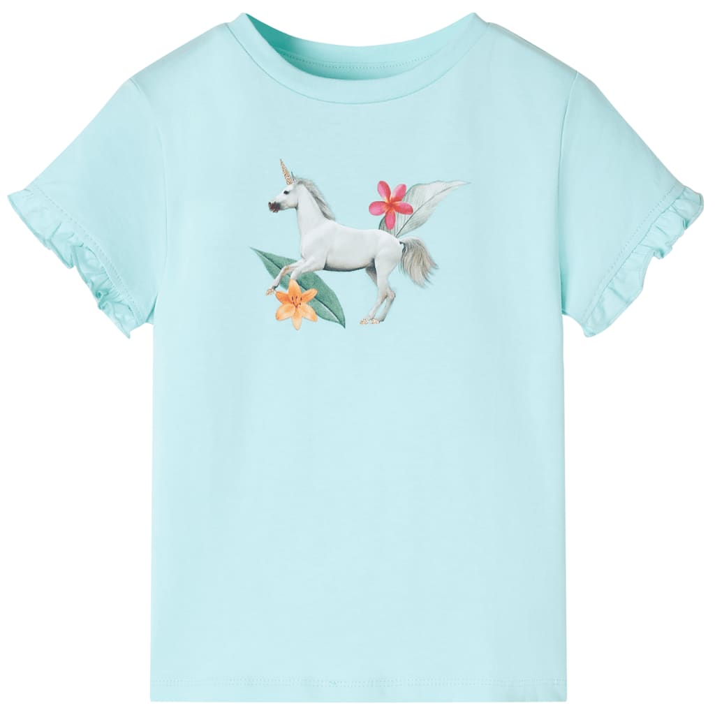 Tricou copii cu mâneci scurte, imprimeu unicorn, turcoaz deschis, 128