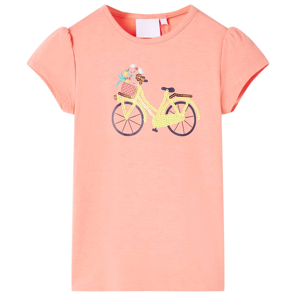 T-shirt til børn str. 104 - neon-koralfarvet med cykelmotiv