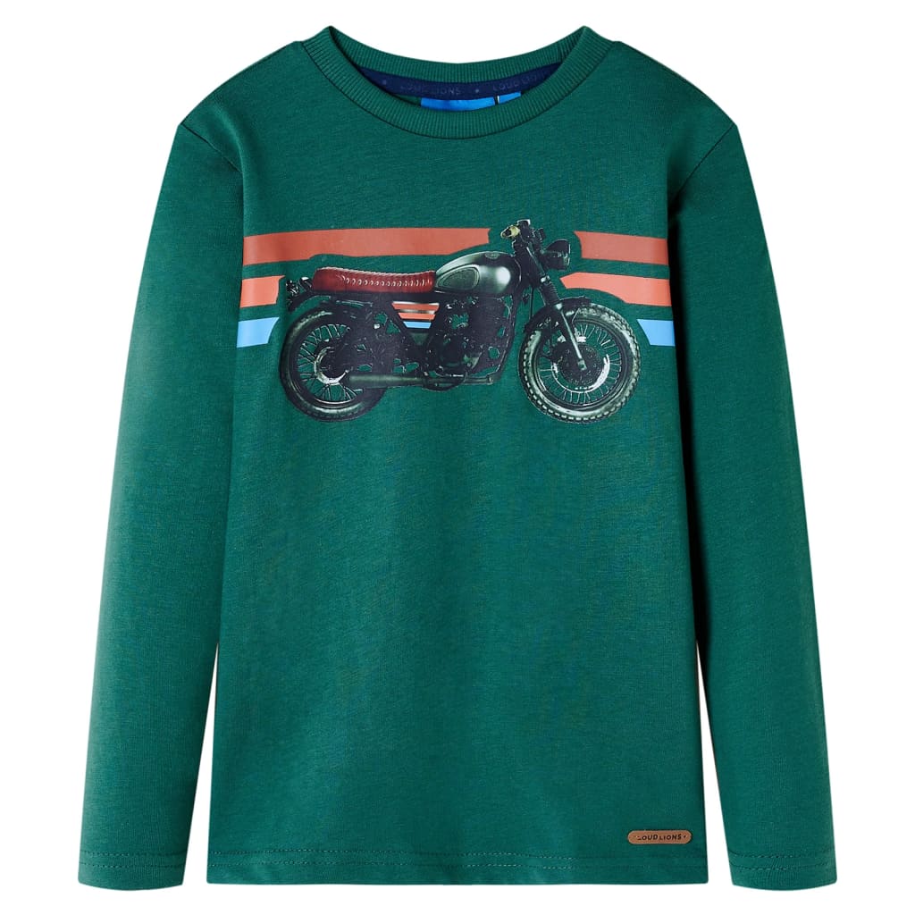 Tricou cu mâneci lungi pentru copii, imprimeu motocicletă, verde, 140