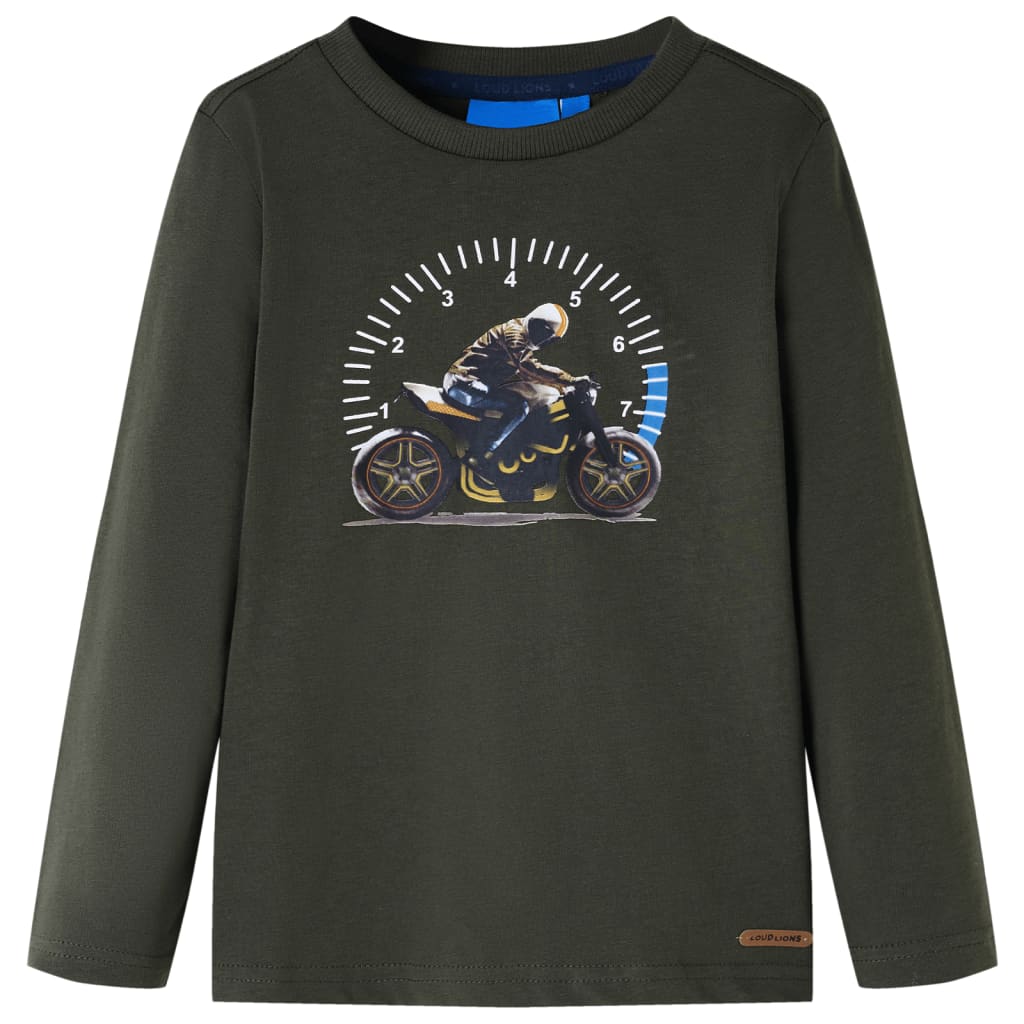 Tricou cu mâneci lungi pentru copii, imprimeu motocicletă, kaki, 116