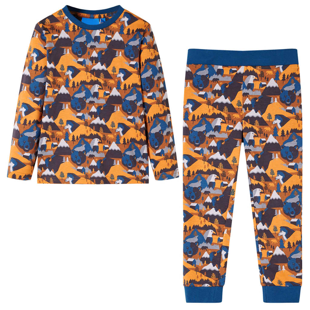 Pijamale de copii cu mâneci lungi imprimeu animale și munte cognac 92