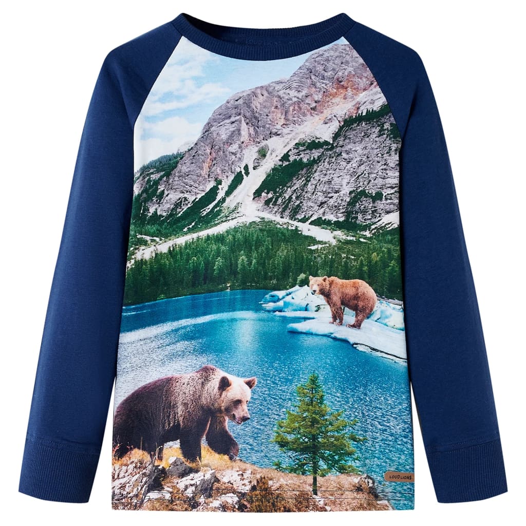 Tricou de copii cu mâneci lungi imprimeu urși și peisaj bleumarin 104