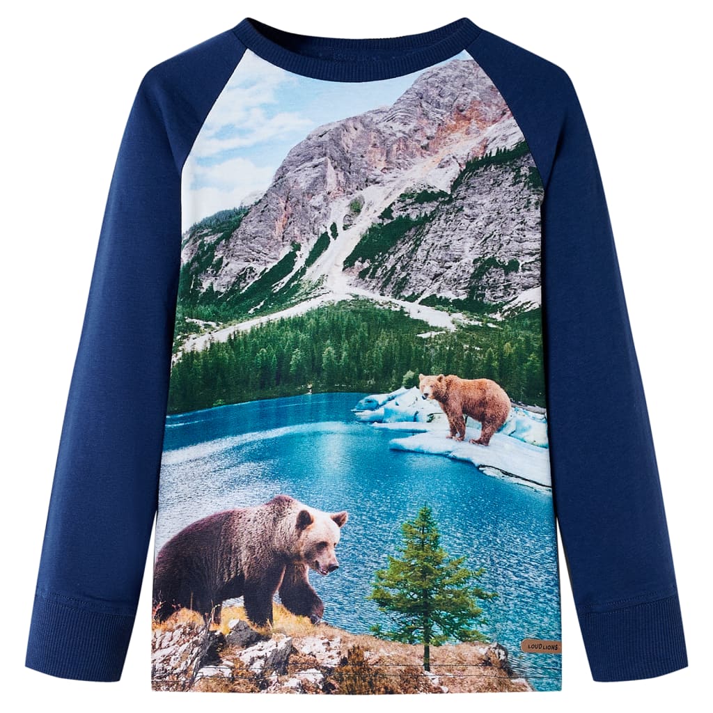 Tricou de copii cu mâneci lungi imprimeu urși și peisaj bleumarin 116