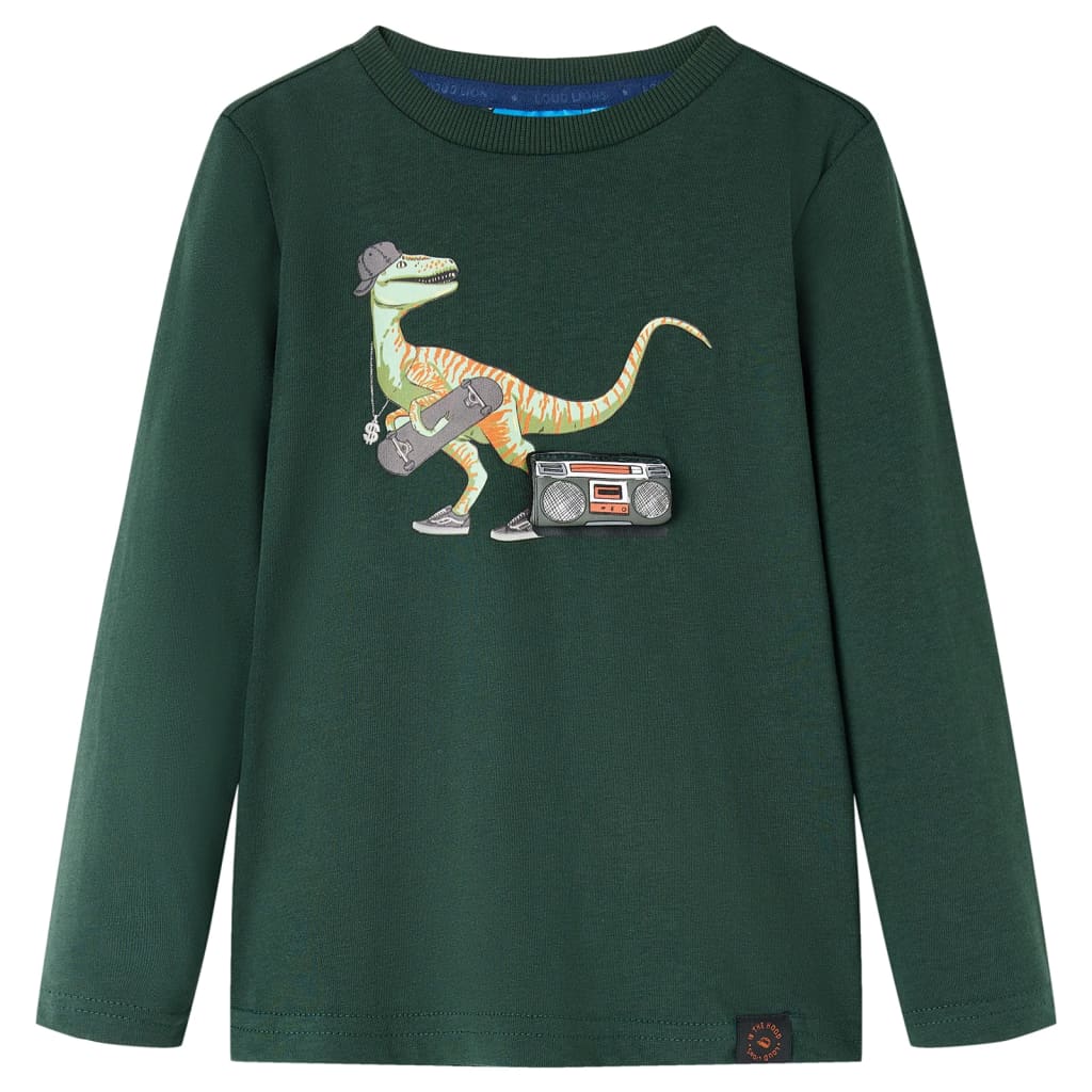 Tricou pentru copii cu mâneci lungi imprimeu dinozaur verde închis 92