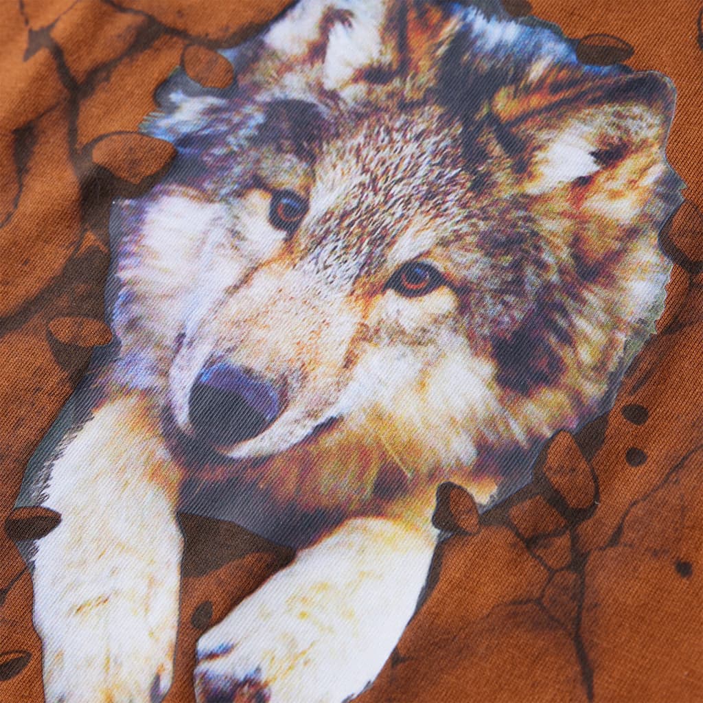 Koszulka dziecięca z długimi rękawami, z wilkiem, koniakowa, 128