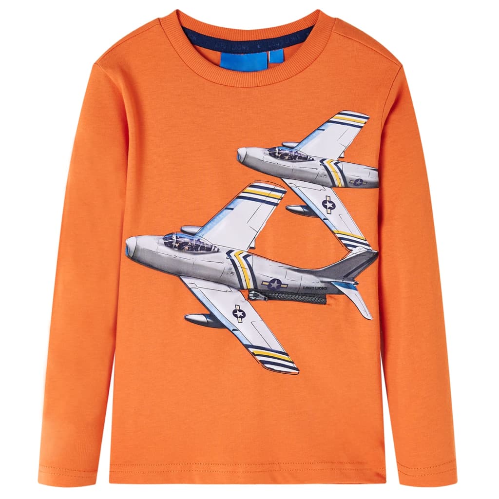 Tricou de copii cu mâneci lungi imprimeu avion, portocaliu închis, 92