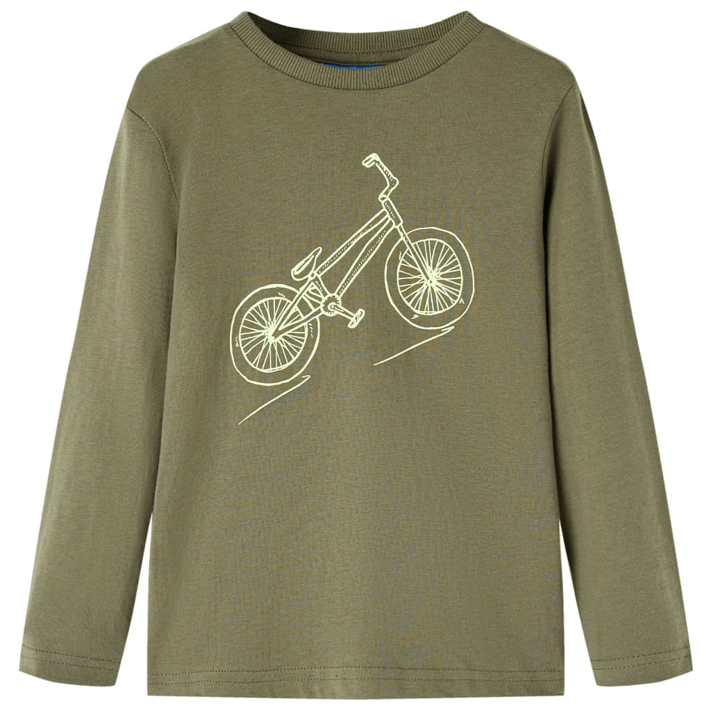 Tricou pentru copii cu mâneci lungi, imprimeu bicicletă, kaki, 92