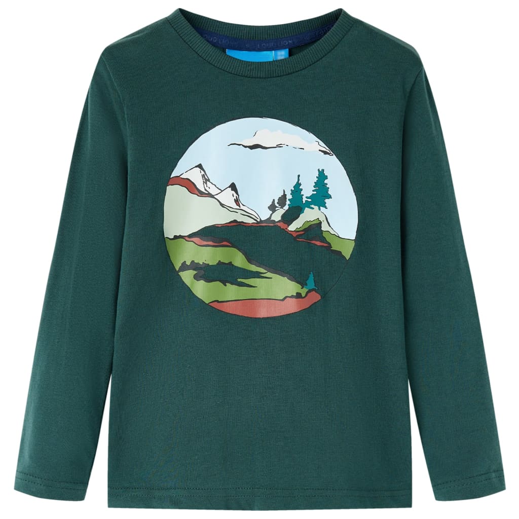 Tricou de copii cu mâneci lungi imprimeu munte/pomi verde închis 104