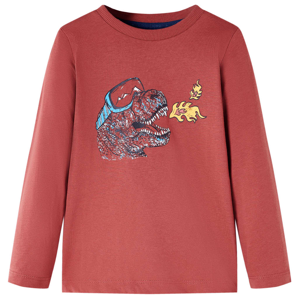 Langærmet T-shirt til børn str. 104 dinosaur mørkerød