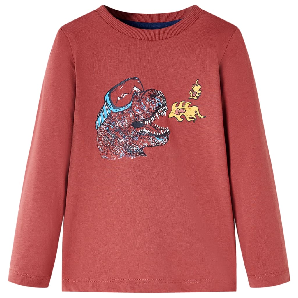Langærmet T-shirt til børn str. 128 dinosaur mørkerød