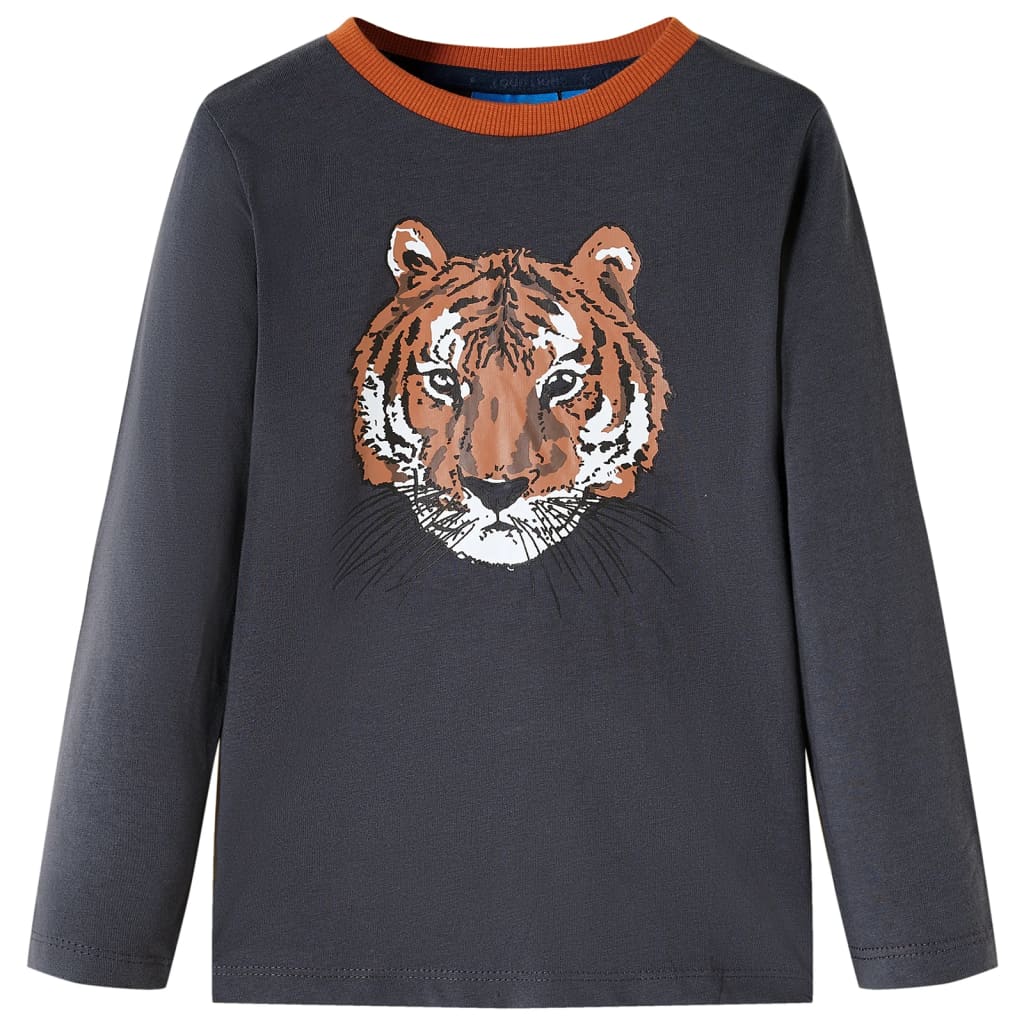Tricou pentru copii cu mâneci lungi, imprimeu tigru, antracit, 92