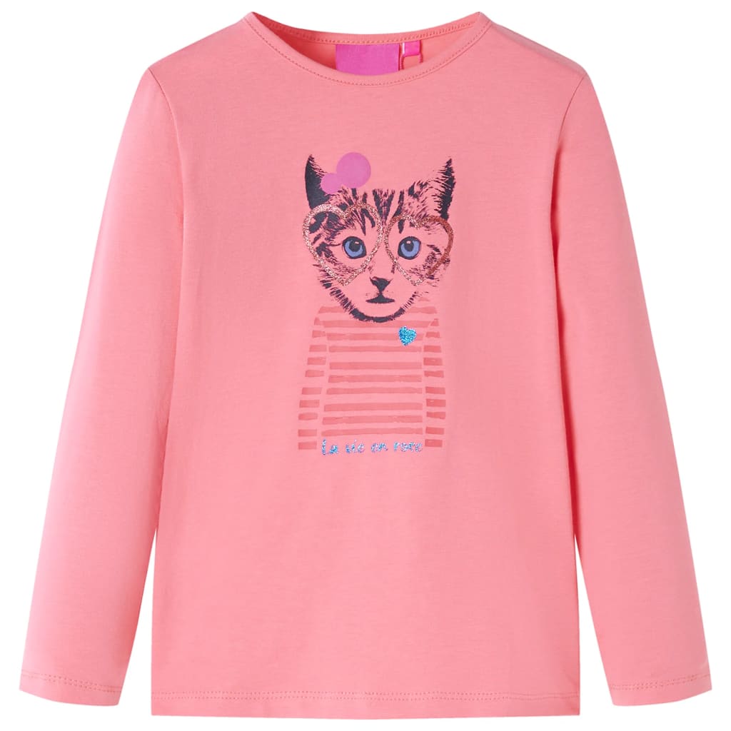 Tricou cu mâneci lungi pentru copii, design cu pisică, roz, 140
