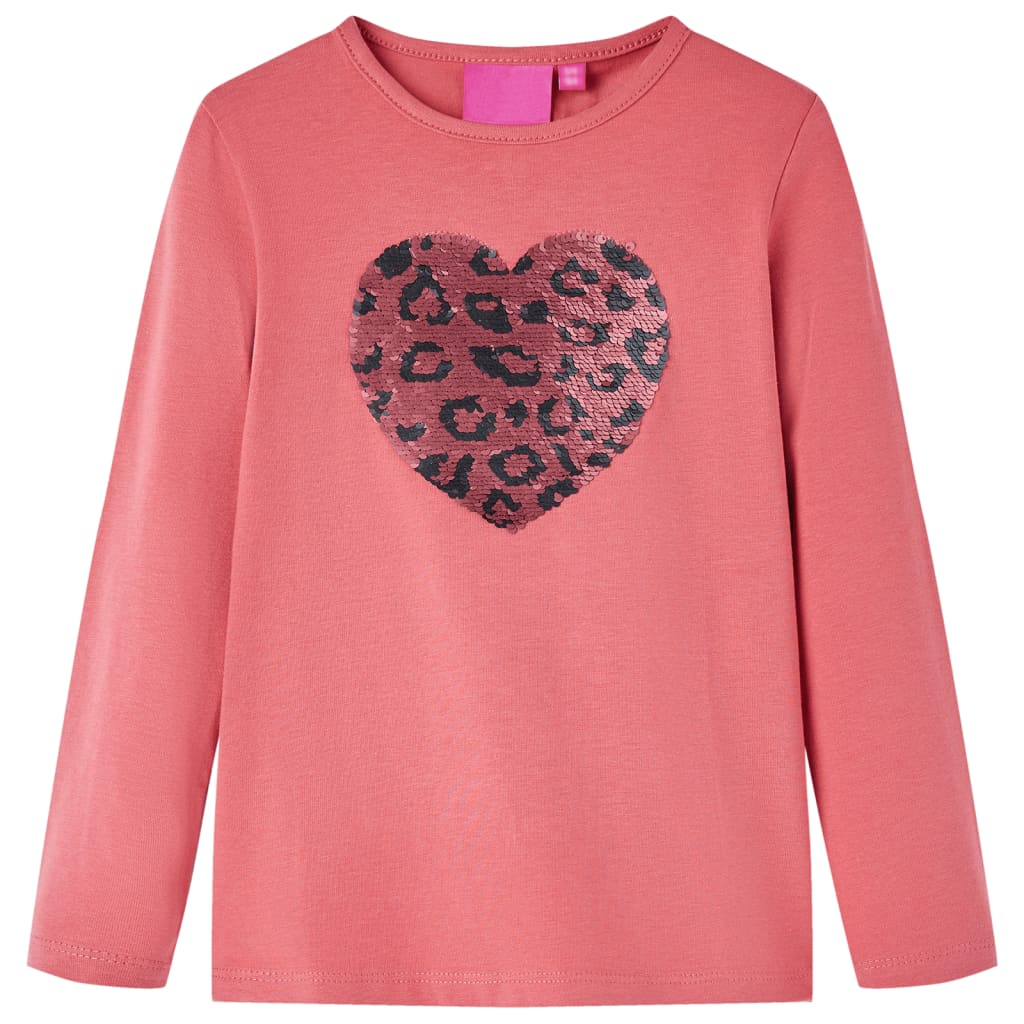 Tricou pentru copii cu mâneci lungi, cu paiete, design inimă, roz, 128