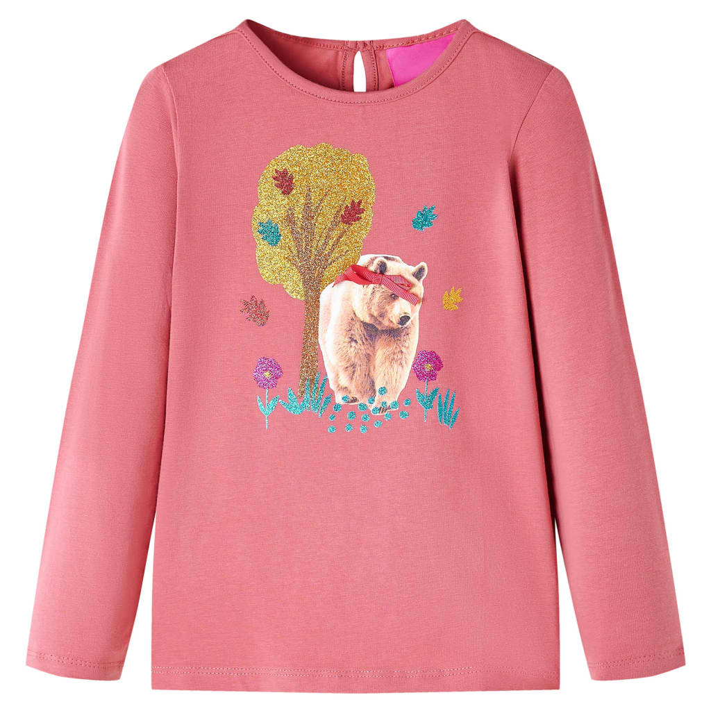 Tricou pentru copii cu mâneci lungi, imprimeu urs, roz antichizat, 92
