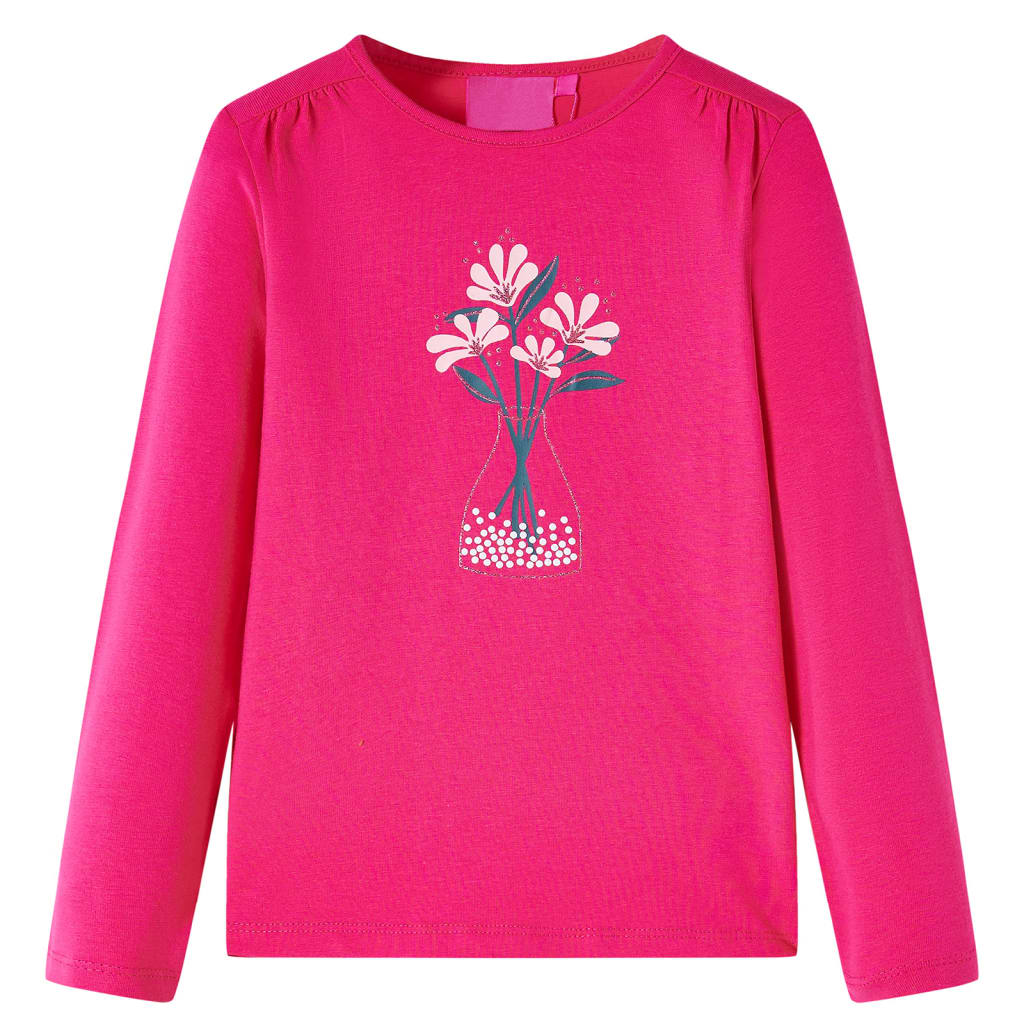 Tricou pentru copii cu mâneci lungi imprimeu flori, roz aprins, 104