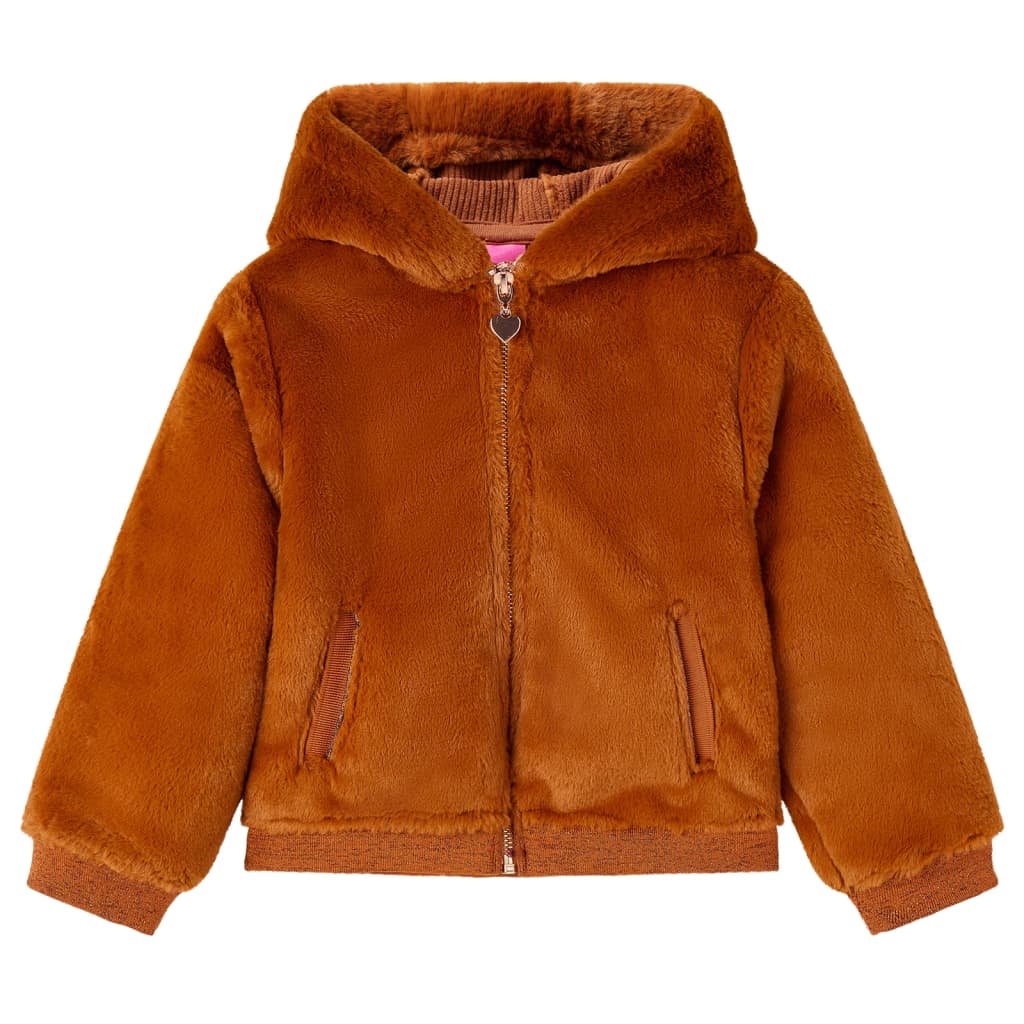 Jachetă cu glugă pentru copii, blană artificială, coniac, 116