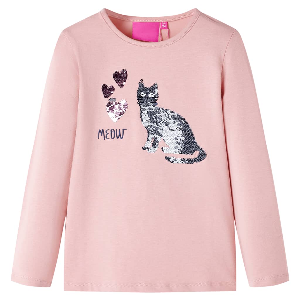 Tricou copii cu mâneci lungi, design pisică cu paiete, roz deschis 104