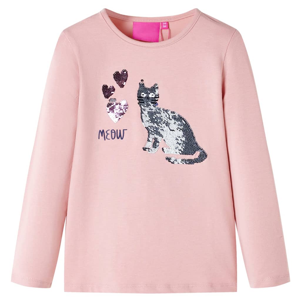 Tricou copii cu mâneci lungi, design pisică cu paiete, roz deschis 128