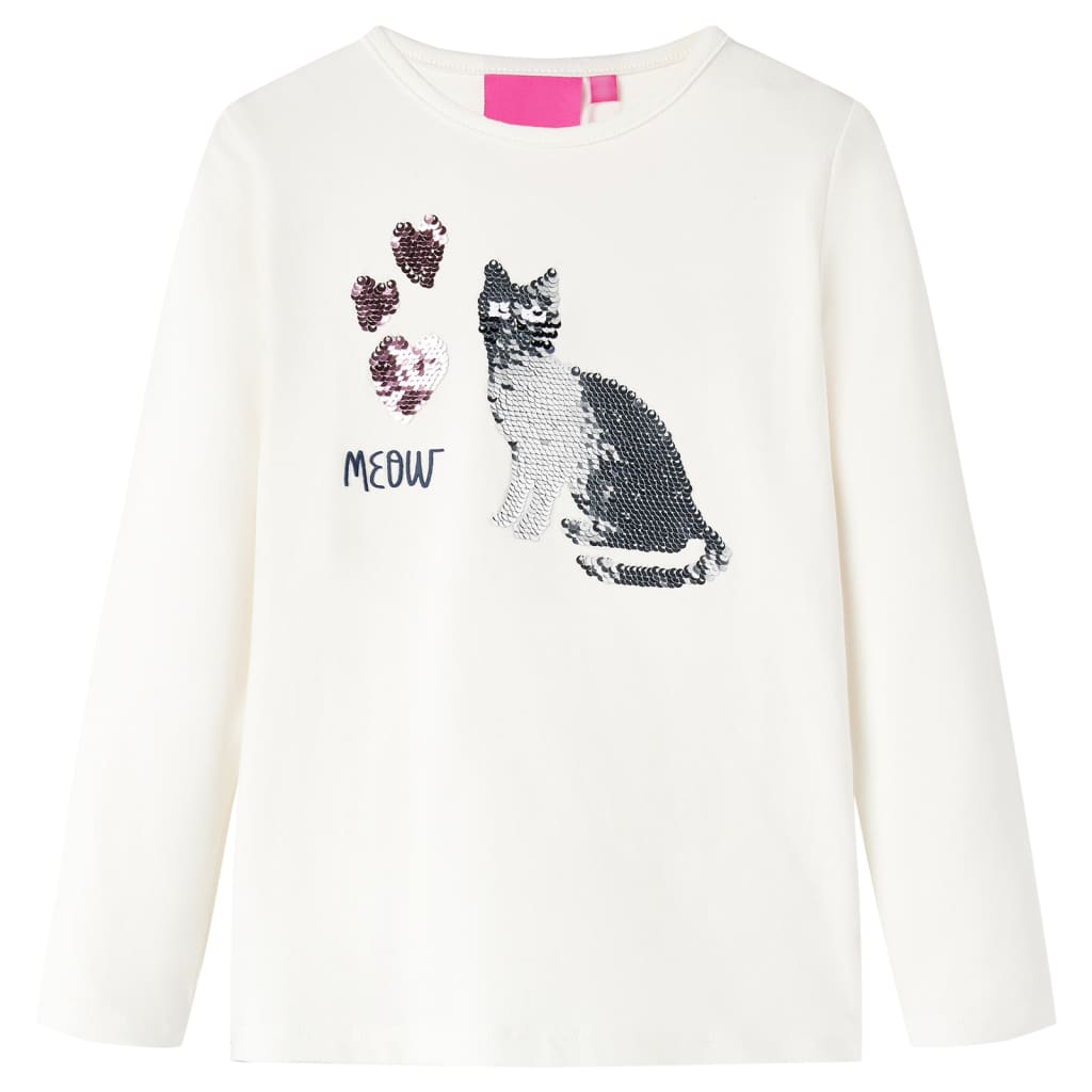 Koszulka dziecięca z długimi rękawami, kot z cekinów, ecru, 104