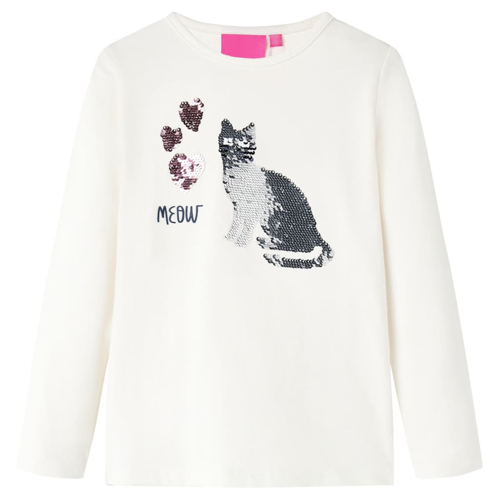 T-shirt pour enfants à manches longues imprimé chat pailleté écru 128