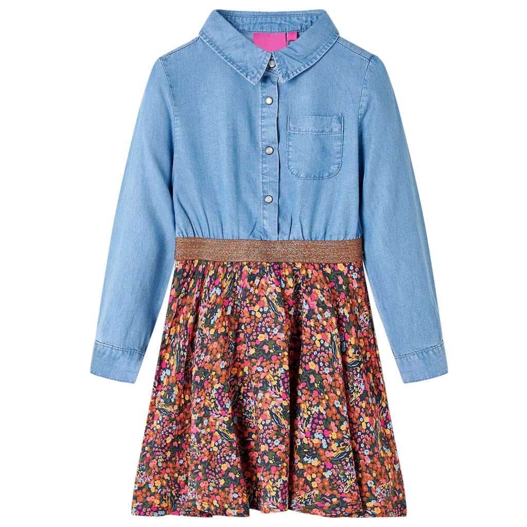 vidaXL Kinderkleid mit Langen Ärmeln Marineblau und Jeansblau 104