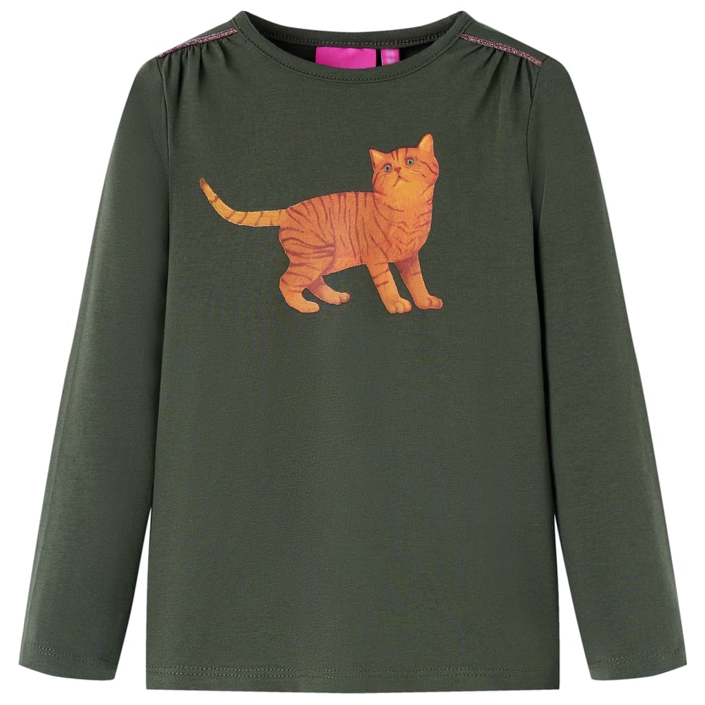 Tricou cu mâneci lungi pentru copii, design cu pisică, kaki, 92