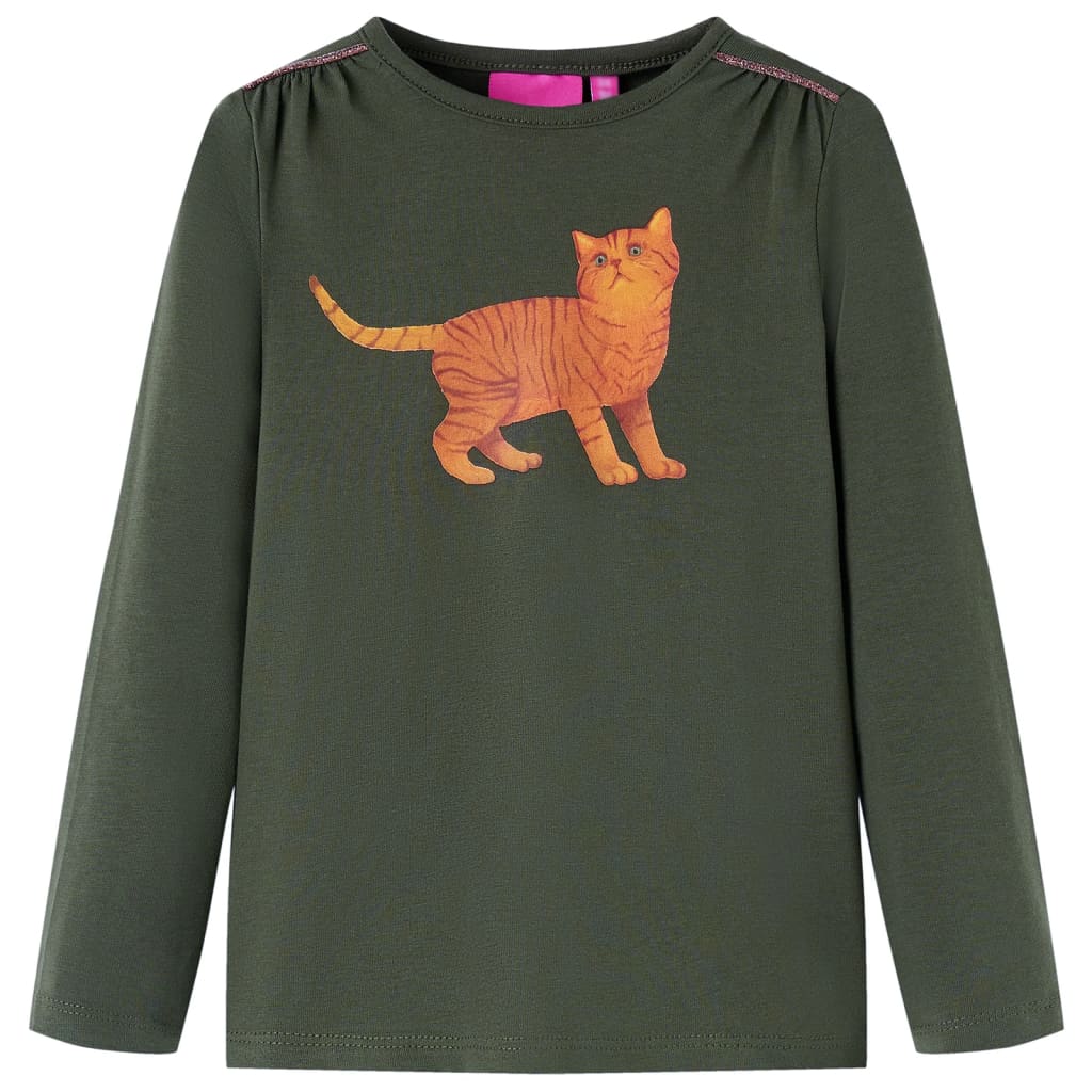 Tricou cu mâneci lungi pentru copii, design cu pisică, kaki, 104