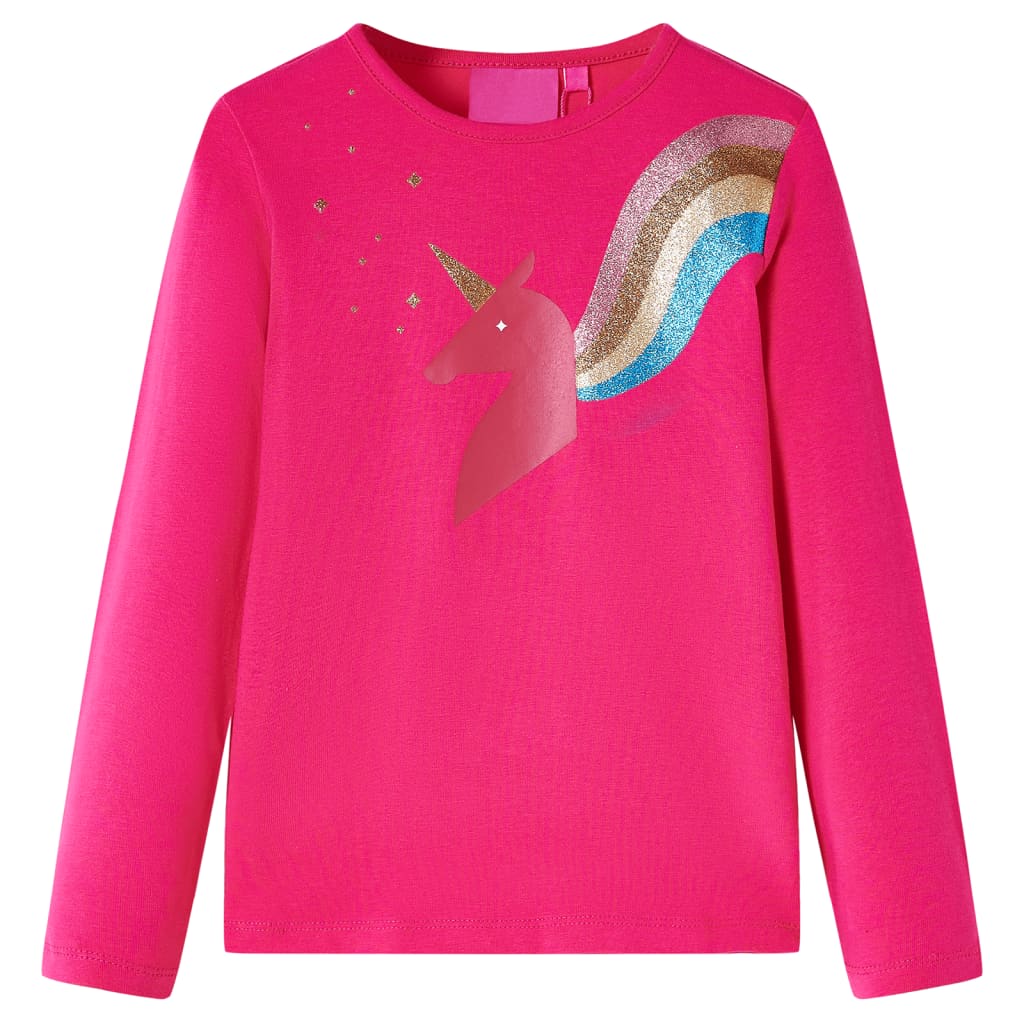 Tricou pentru copii cu mâneci lungi, design unicorn, roz aprins, 92
