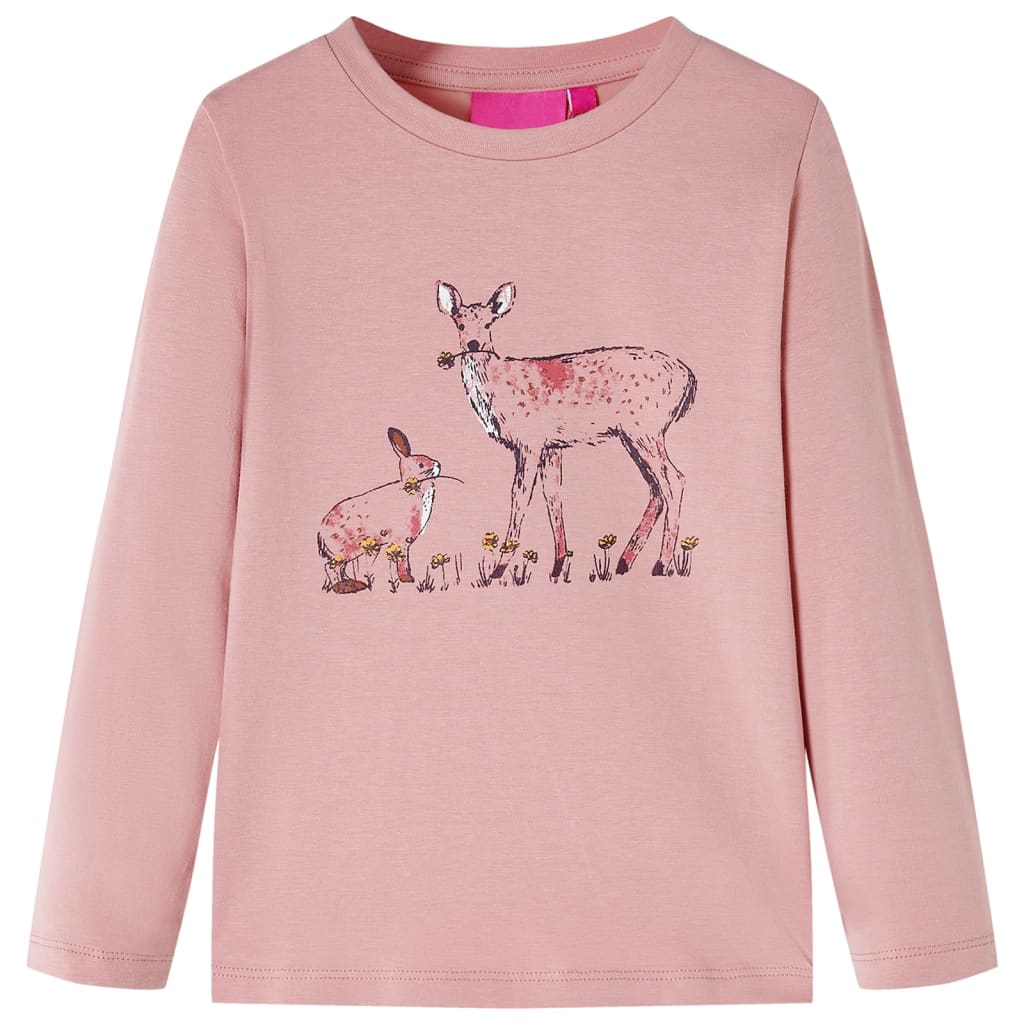 Tricou de copii cu mâneci lungi imprimeu căprioară și iepure, roz, 92