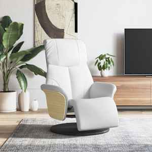 Naslanjač z naslonom za noge belo umetno usnje