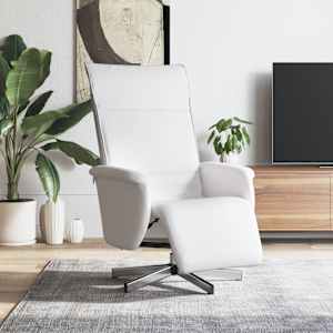 Naslanjač z naslonom za noge belo umetno usnje