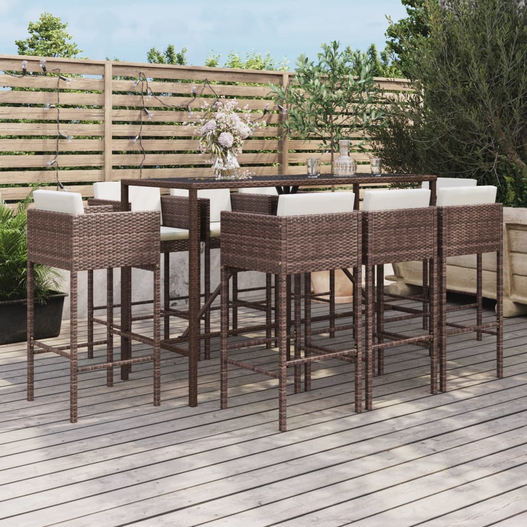 vidaXL 9-tlg. Gartenbar-Set mit Kissen Braun Poly Rattan