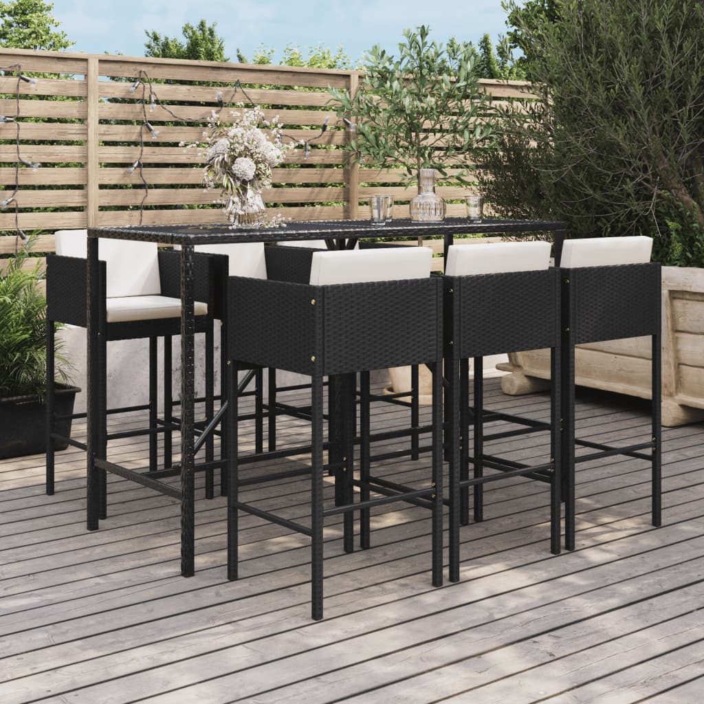 vidaXL 7-tlg. Gartenbar-Set mit Kissen Schwarz Poly Rattan