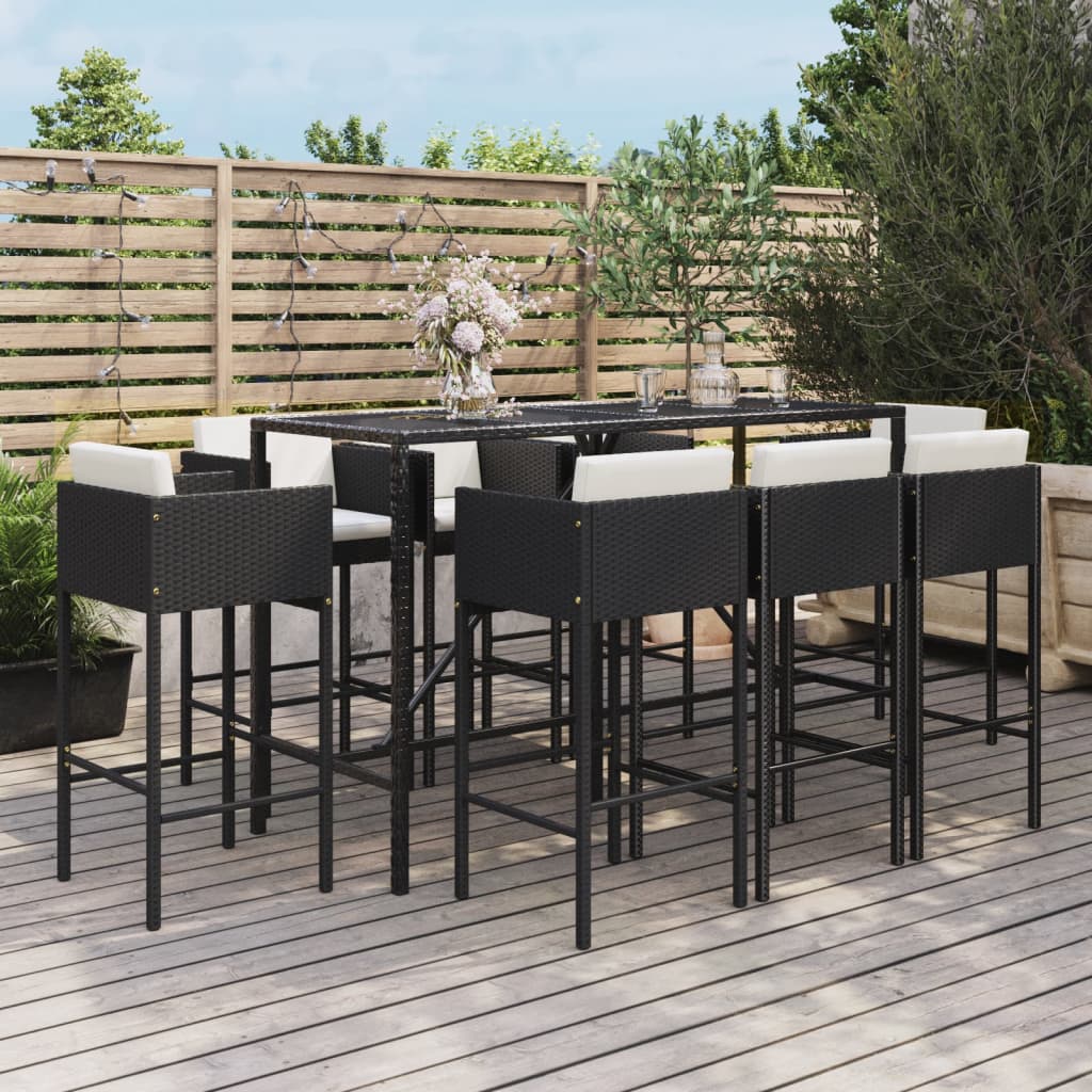 Vidaxl Set Mobilier Bar De Gradina Cu Perne, 9 Piese, Negru, Poliratan